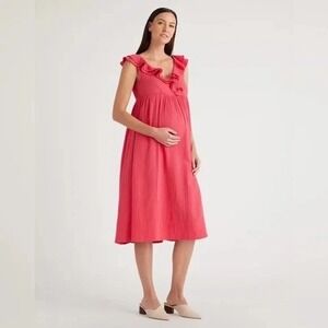 Quince Maternity Dress‎ Pink Ruffles Cotton V Neck Smocked Size L NEW